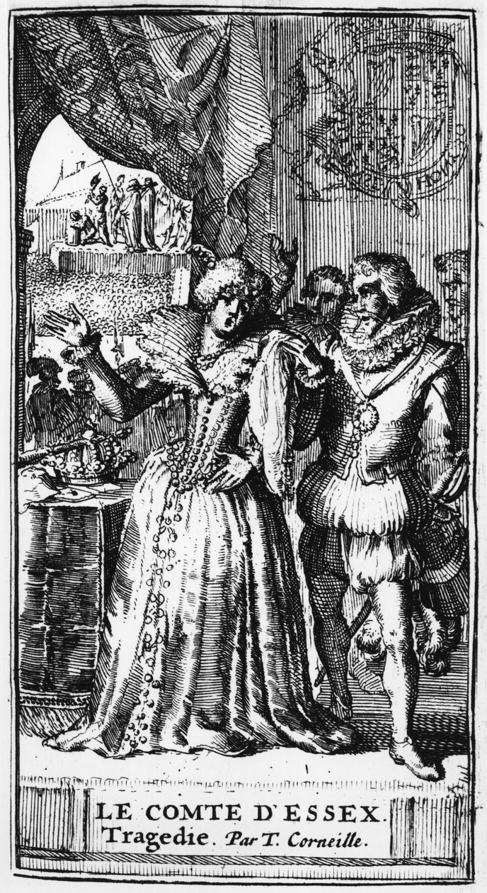 Kuvitus Thomas Corneillen (1625-1709) Le Comte dEssexistä, julkaistu vuonna 1680 tekijältä French School