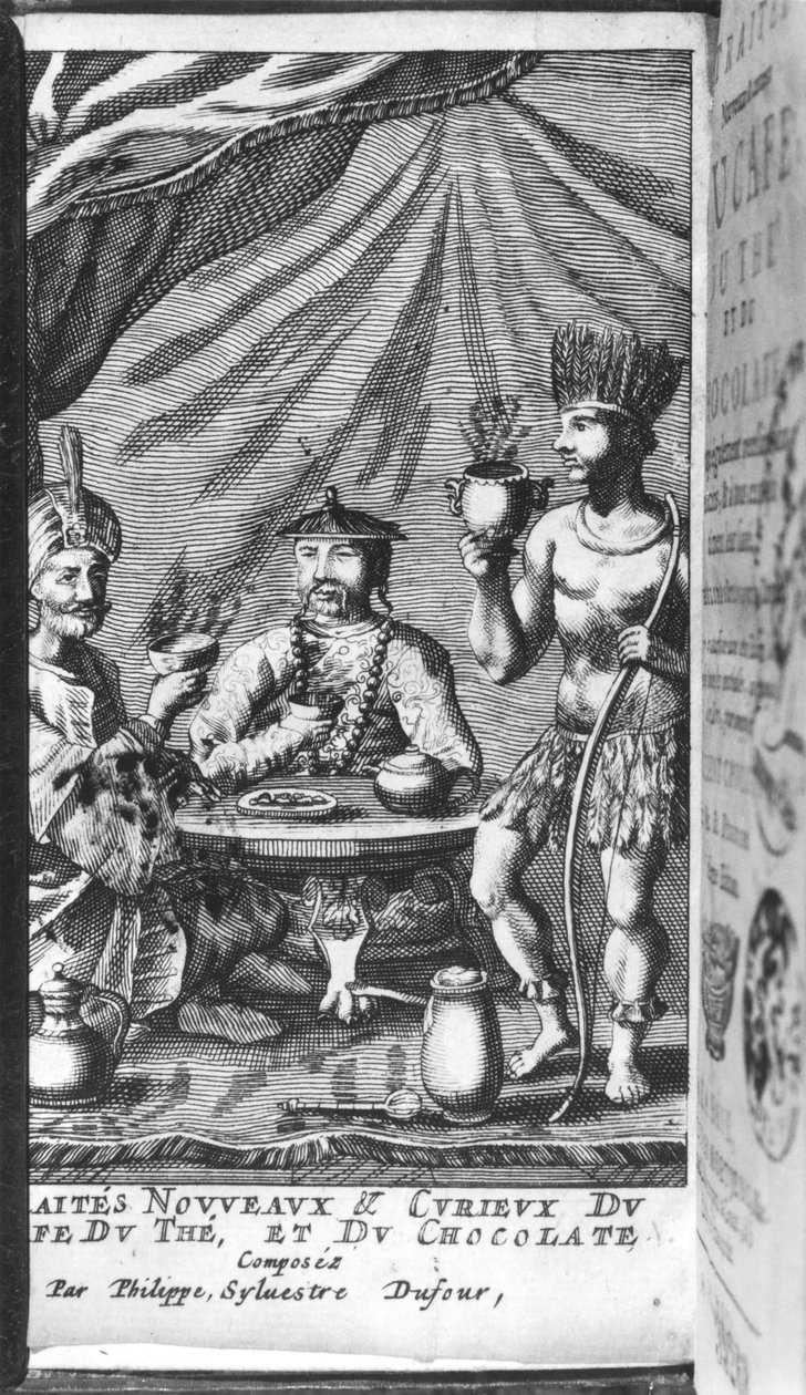 Kuvitus Philippe Sylvestre Dufourin uudesta ja utelias traktaatista kahvista, teestä ja suklaasta, La Haye, julkaistu 1693 tekijältä French School