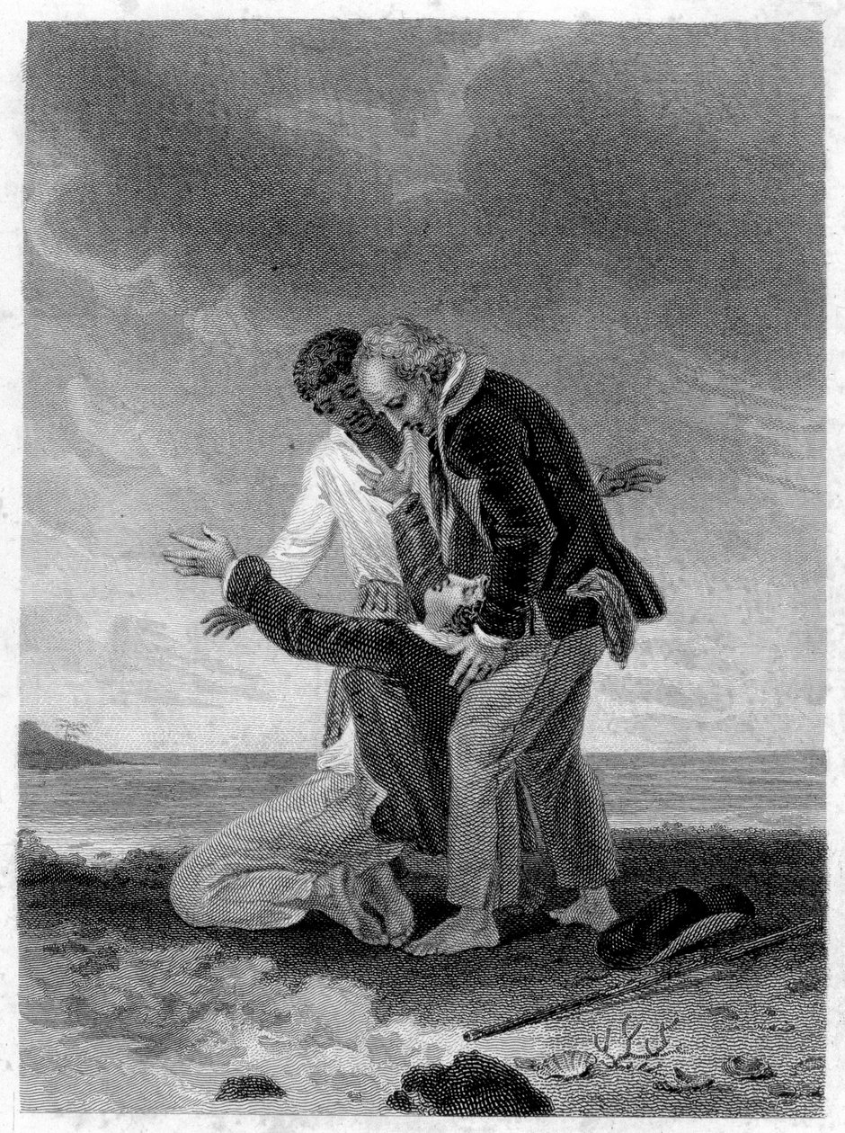 Kuva "" Paul and Virginia"": Paul meren edessä. Roman kirjoittanut Henri Bernardin de Saint Pierre (Saint-Pierre tai St-Pierre), ranskalainen kirjailija (1737-1814). tekijältä French School