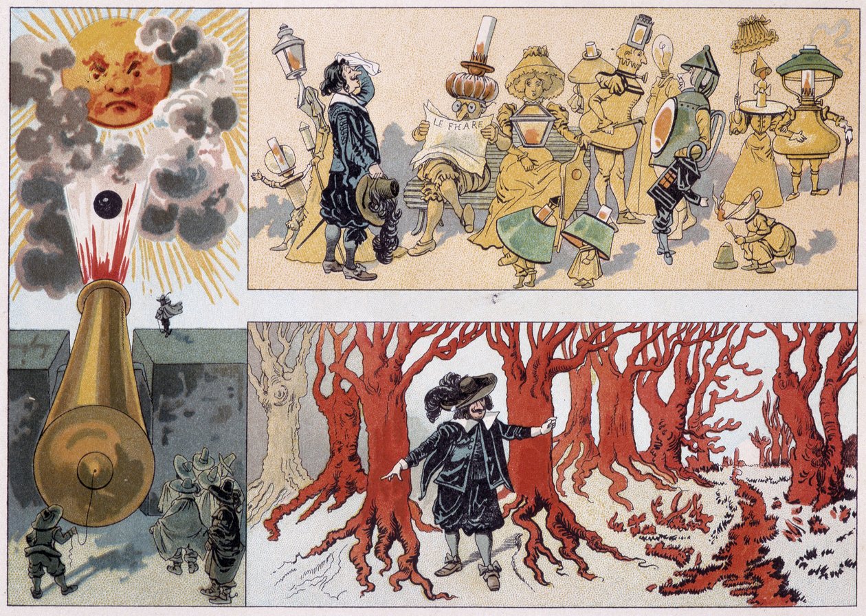 Kuva de Cyrano de Bergeracista hänen romaanissaan "Toinen maailma" tekijältä French School