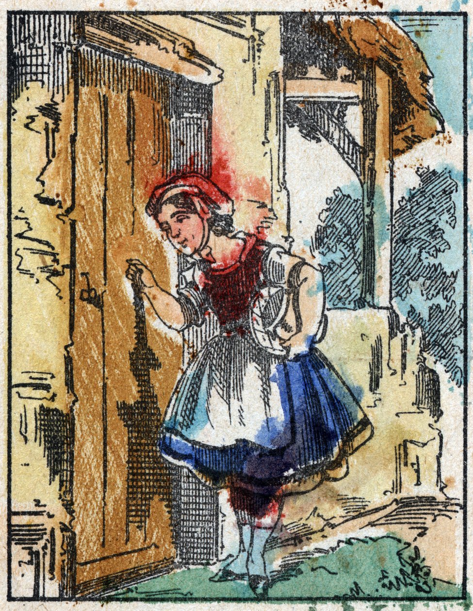 Kuvitus Charles Perraultin tarinasta "Punahilkka". Puukaiverrus Imaging Pellerinistä - Epinal, sd. 1800-luvun loppu. tekijältä French School