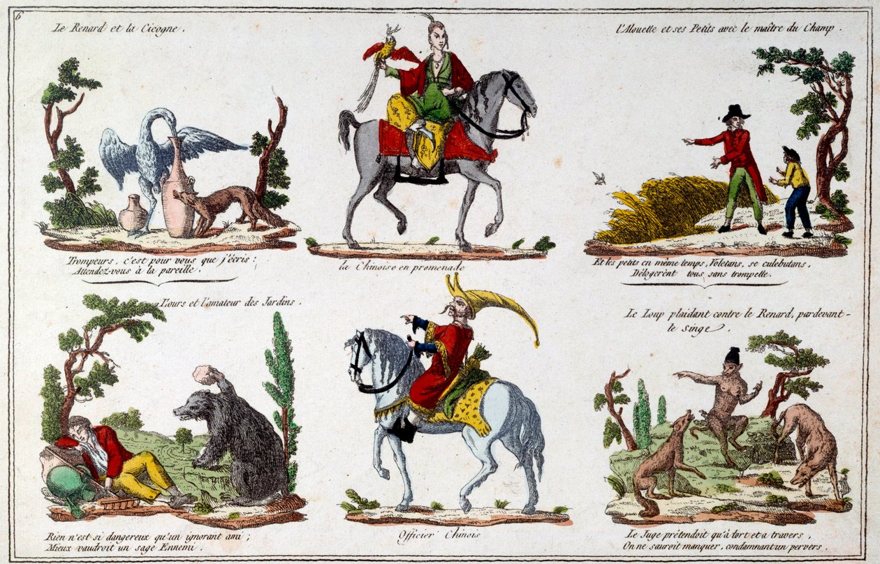 Kuvalevy Jean de La Fontainen (1621-1695) taruille: Kettu ja haikara, kiinalainen kävelevä, karhu ja puutarhan rakastaja, kiinalainen upseeri. Kaiverrus tekijältä French School