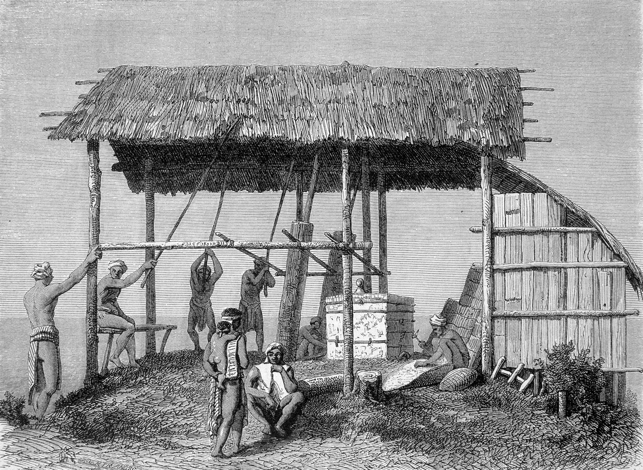 "Le Tour du monde" -lehden vuoden 1862 painoksessa julkaistu kuva, joka kuvaa seppiä dayakeissa Borneon saarella. Kaiverrus. tekijältä French School