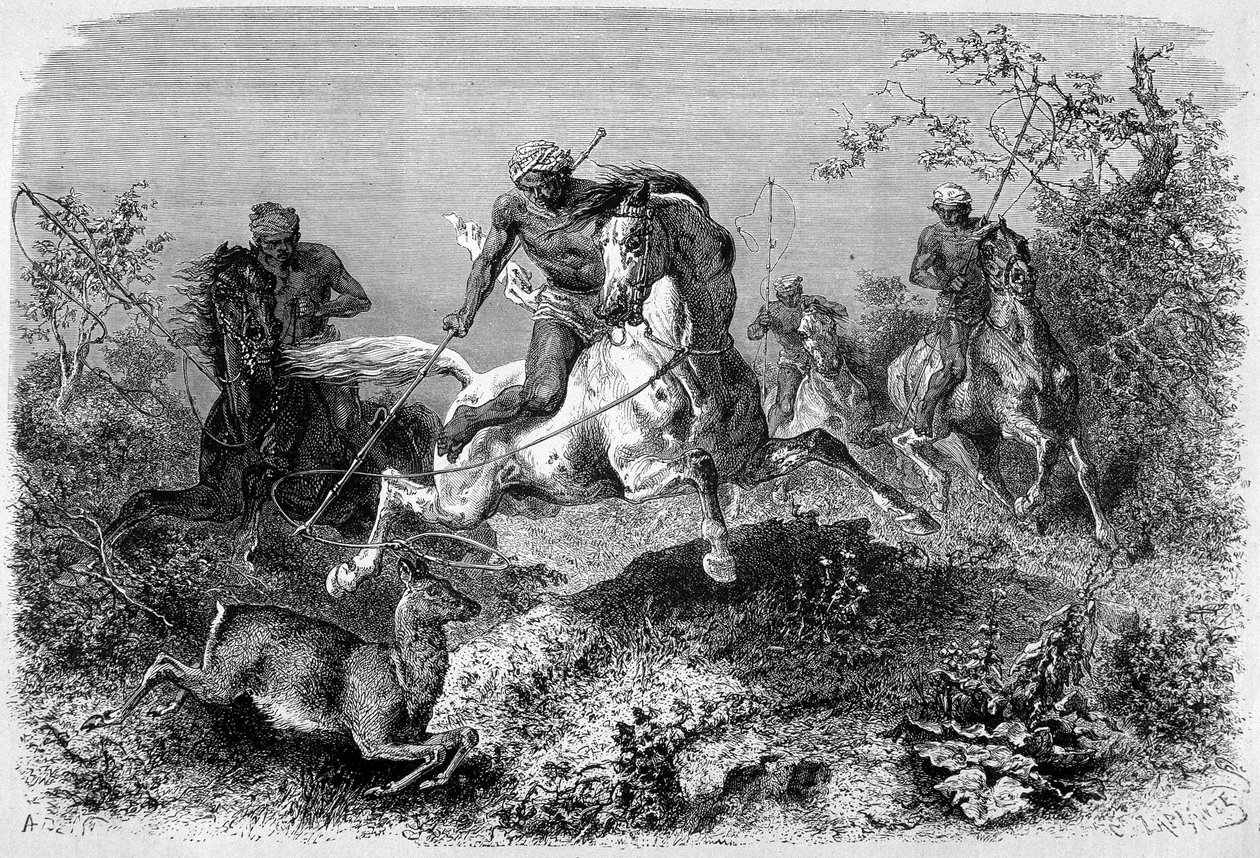 "" Le Tour du monde" -julkaisussa vuosilta 1870 - 1871 julkaistu kuvitus kuvaa dyakia metsästämässä Borneon saarella. Kaiverrus. tekijältä French School