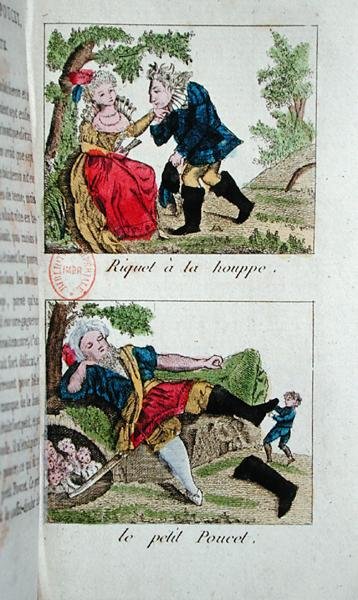 Kuvitukset Charles Perraultin (1628-1703) satuihin "Riquet a la Houppe" ja "Tom Thumb" tekijältä French School