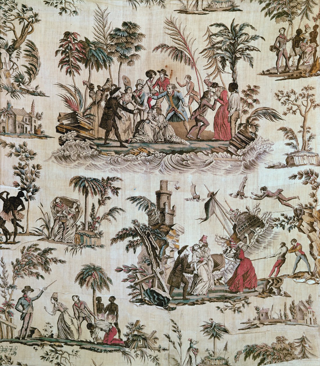 Kuvia tapahtumista romaanista Paul et Virginie, Toile de Nantes, n. 1800 (painettu puuvilla) tekijältä French School