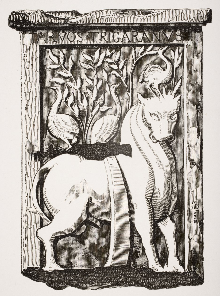 Kuva Holy Ox Celtic -monumentista, joka löydettiin Pariisin Notre Damen katedraalin kuoron alta vuonna 1711, Paul Lacroixin (1806-84) Le Moyen Age et La Renaissance -teoksesta, julkaistu 1847 tekijältä French School