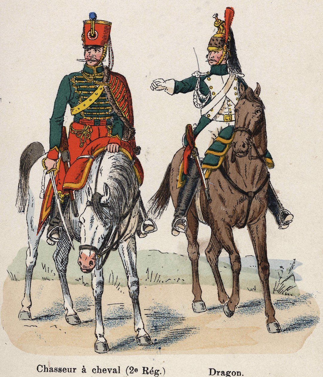 Keisarillinen kaarti Napoleon I: Horseback Hunter (2. rykmentti) ja lohikäärme. Lautas Lienhartin ja Humbertin kirjasta Les Uniforms de l