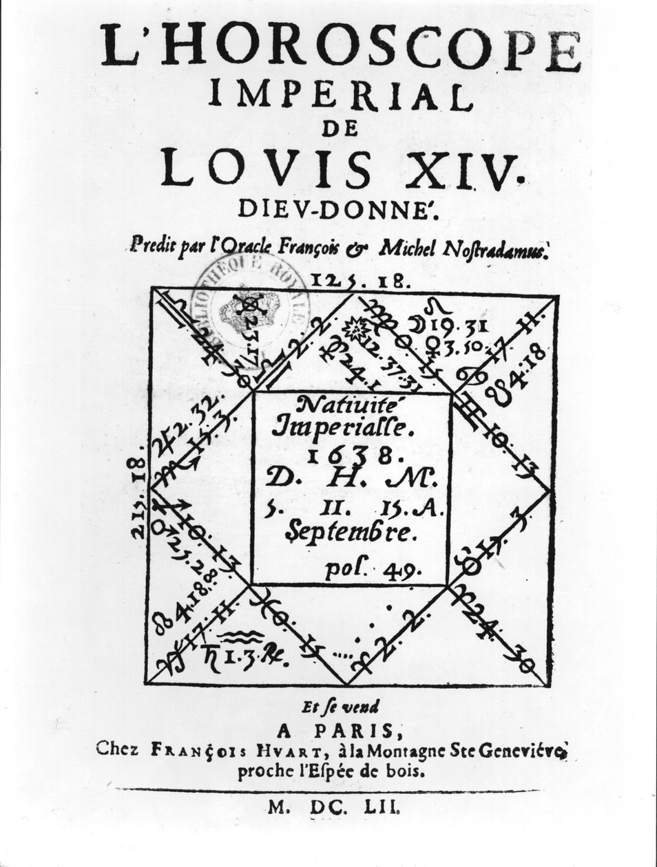Ludvig XIV:n keisarillinen horoskooppi (1638-1715), Michel Nostradamus (1503-66), julkaissut Francois Huart Pariisissa 1652 tekijältä French School