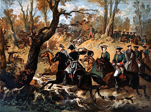 Imperiumin polttarien metsästys Compiegnen metsässä (n. 1860) (väri litho) tekijältä French School