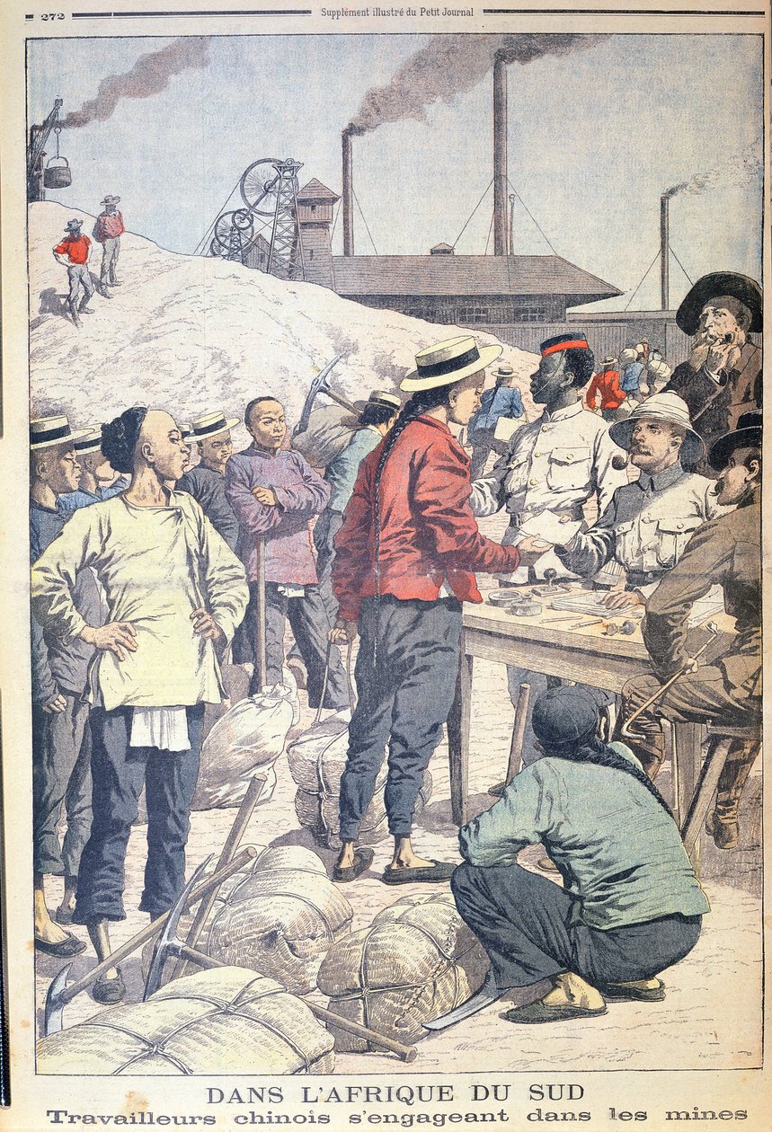 Kiinalaisten työläisten tuonti Etelä-Afrikan kultakaivoksille vuonna 1904, kuva Le Petit Journalista, 1904 tekijältä French School