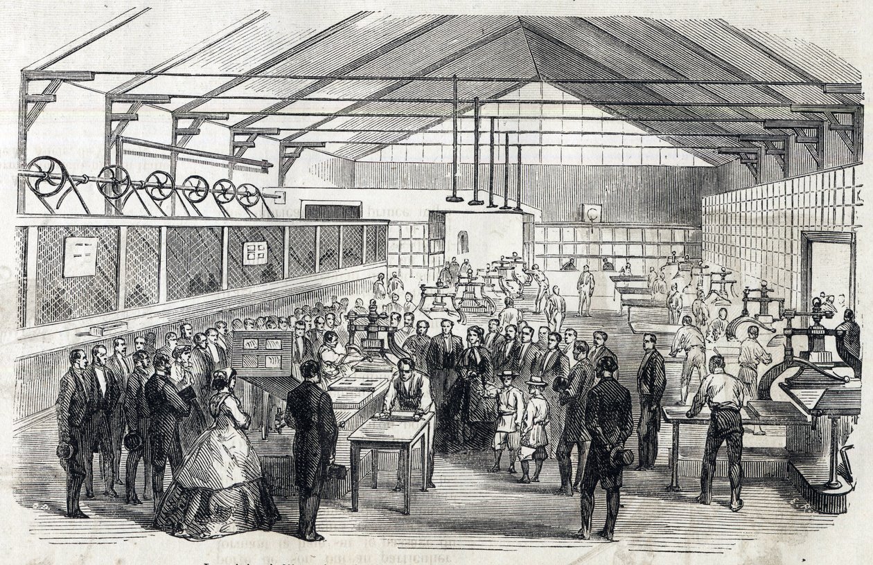 Tee vaikutuksen Eugenie ja keisarillinen prinssi vierailevat Banque de Francessa, 23. kesäkuuta 1866 - setelien painaminen - kaiverrus Le MONDE Illustrous DU:ssa 07/07/1866 tekijältä French School