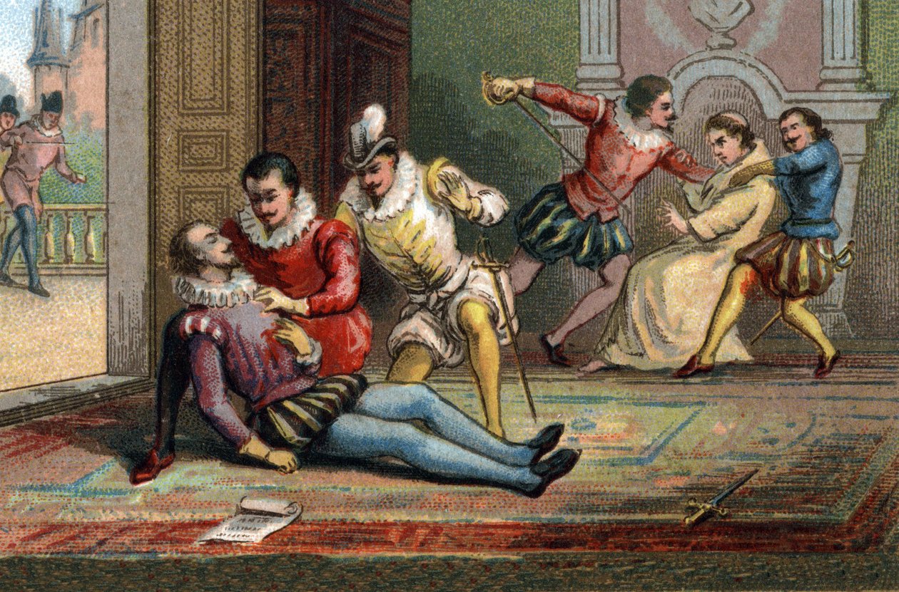 Vuonna 1589 munkki Jacques Clement murhasi kuningas Henrik III:n puukolla saatuaan tämän lukemaan kirjeen. Kuningas kuoli Navarran Henrikin käsivarsissa. Kromolitografia noin 1890. tekijältä French School
