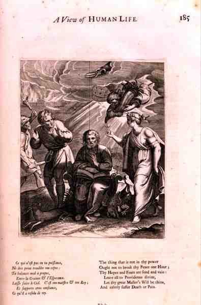 Teoksessa Attendance of Death, kuvitus runosta "Näkymä ihmiselämästä", Marin Le Roy de Gombervillen (1600-74) "Moraaliopin" kaiverruksesta Daret (kaiverrus) tekijältä French School
