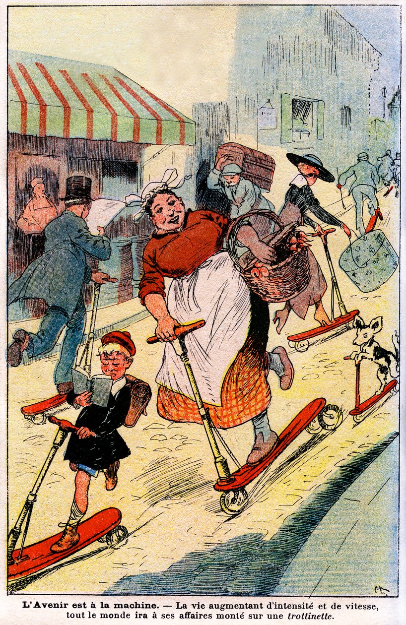 Tulevaisuudessa elämän intensiteetin ja nopeuden lisääntyminen, jokainen menee hänen yrityksensä saa skootterin. 1919 (kaiverrus) tekijältä French School