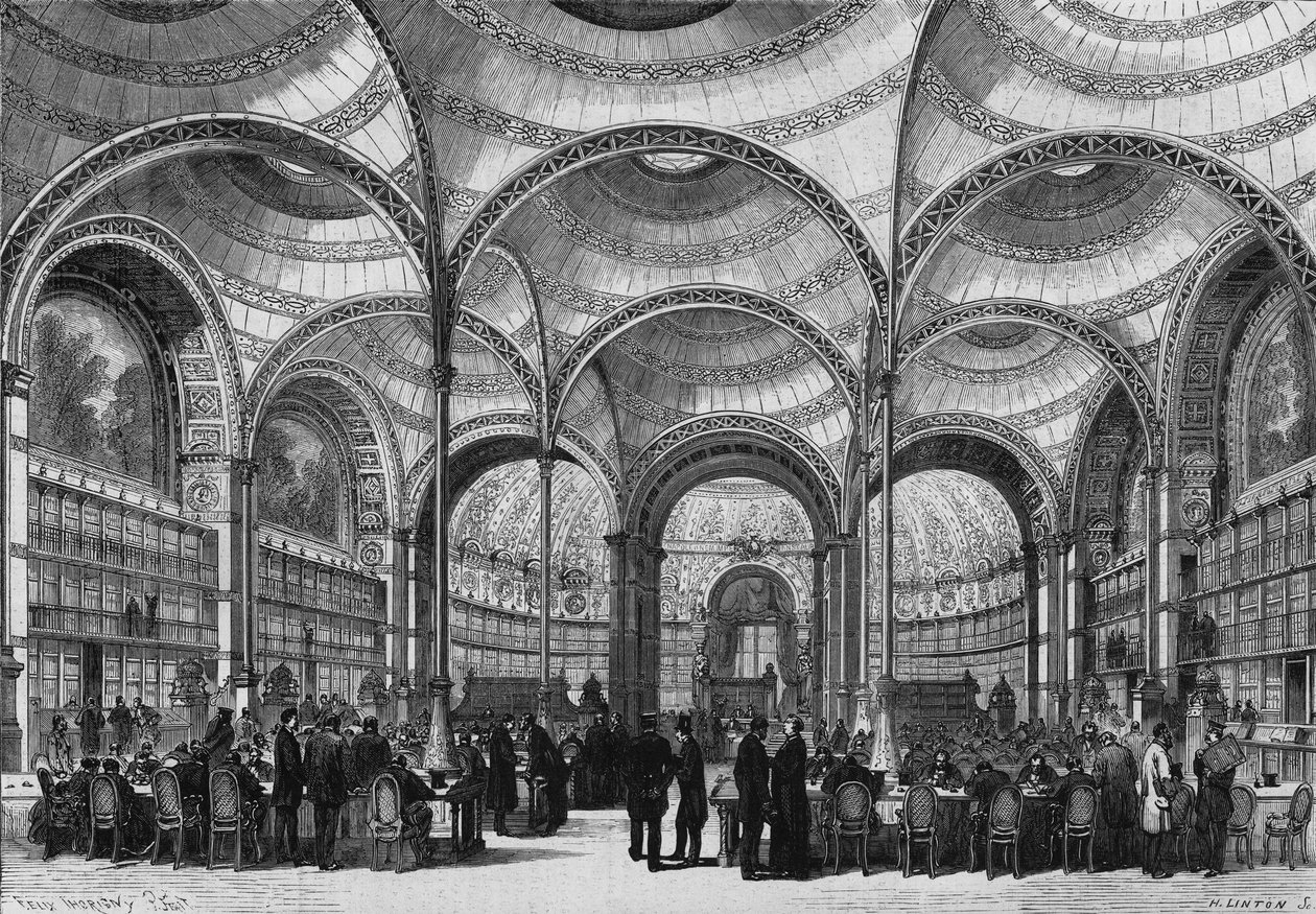 Pariisin keisarillisen kirjaston uuden lukusalin avajaiset 13. kesäkuuta 1868, rakennutti arkkitehti Pierre Francois Henri Labrouste (1801-1875). Kaiverrus "Le Monde Illustre" -julkaisussa nro 585, 27. kesäkuuta 1868. tekijältä French School