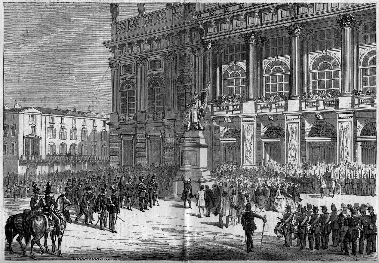 Vincenzo Velan (1820-1891) Sardinian muistomerkin avajaiset Chateau-aukiolla Torinossa (Italia) 10. huhtikuuta 1859. Patsaan takana on "Palazzo Madama". Perustuu herra Ferryn luonnoksiin. Kaiverrus "" Le Monde Illustré" -julkaisussa nro 106, 23. huhtikuuta tekijältä French School