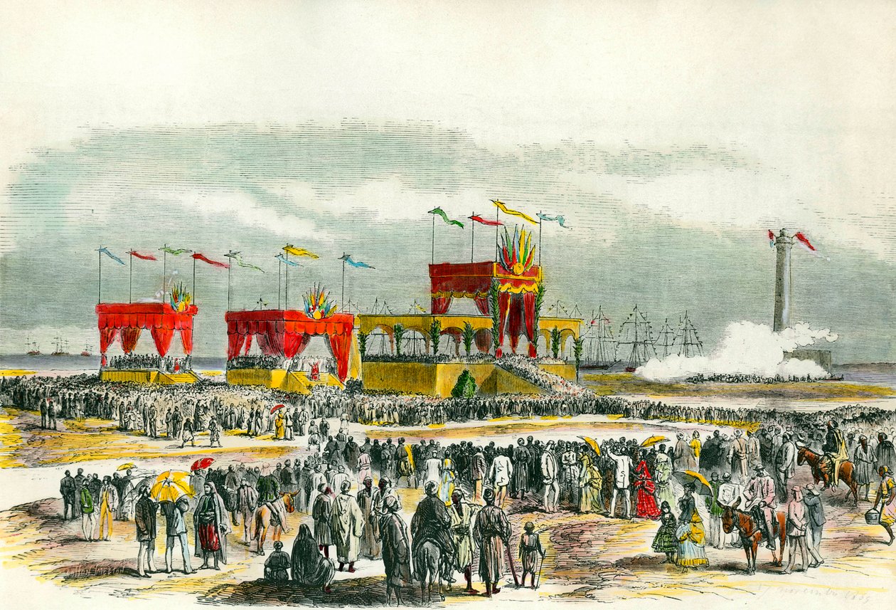 Suezin kanavan vihkiminen Egyptissä vuonna 1869: "Te deum" laulaa Port Saidissa. Kanava luotiin yhdistämään Punainen meri Välimereen. tekijältä French School