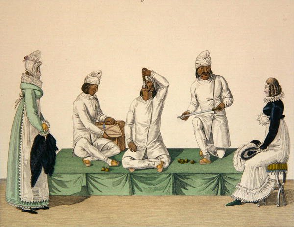 Intiaanijonglöörejä, levy 88 teoksesta "le Bon Genre", noin 1810 (värikaiverrus). tekijältä French School