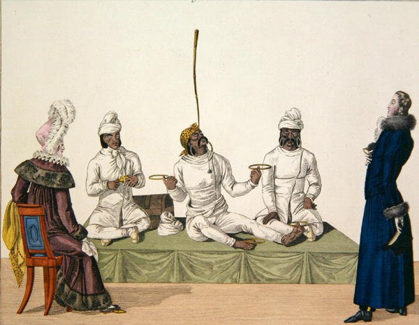Intialaiset jonglöörit suorittamassa tasapainoilua, levy 87 "le Bon Genre", n. 1810 (värikaiverrus) tekijältä French School
