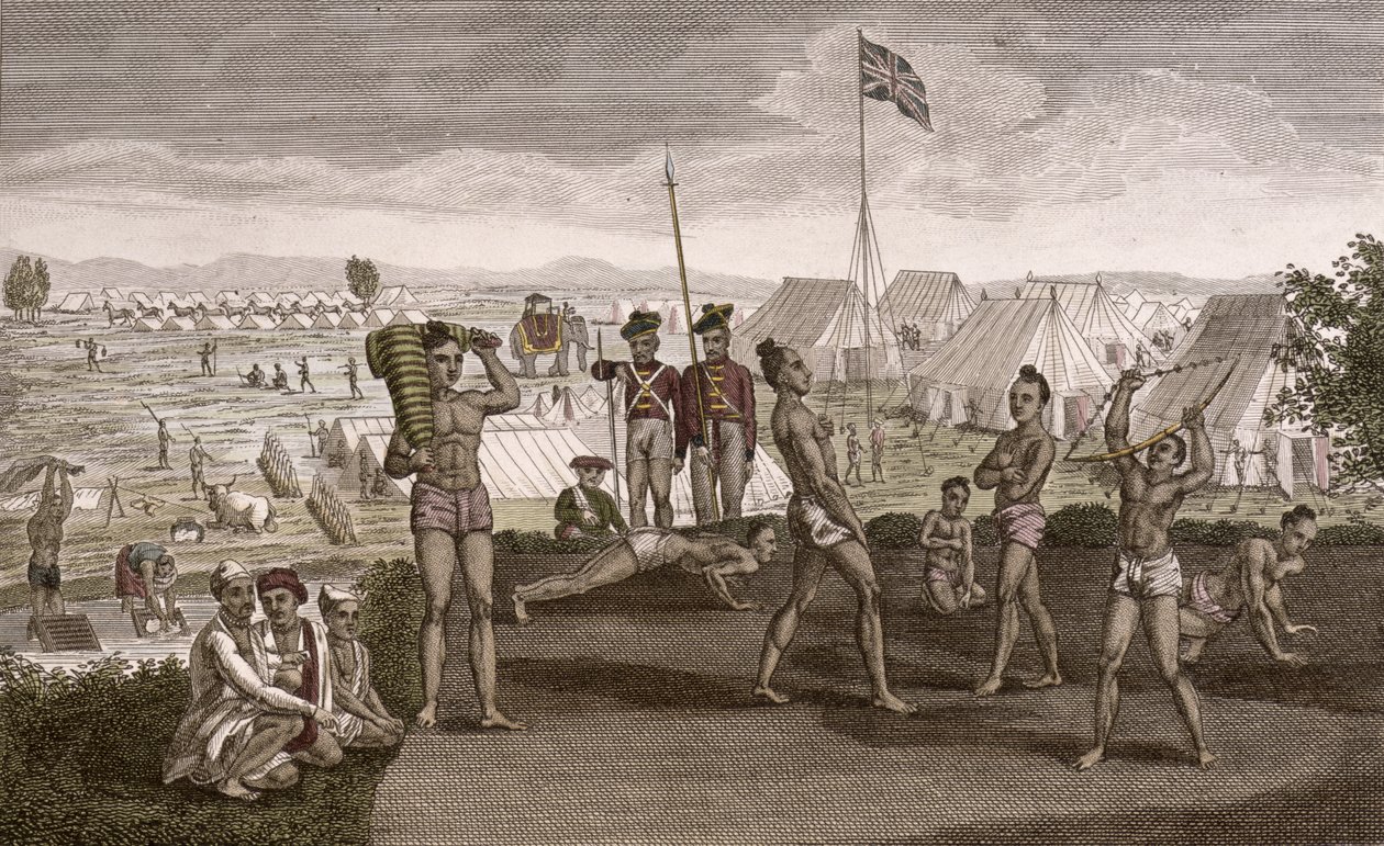 Intiaanisoturit harjoittelemassa näkymänä Englannin asukkaiden leiriin, n. 1810 tekijältä French School