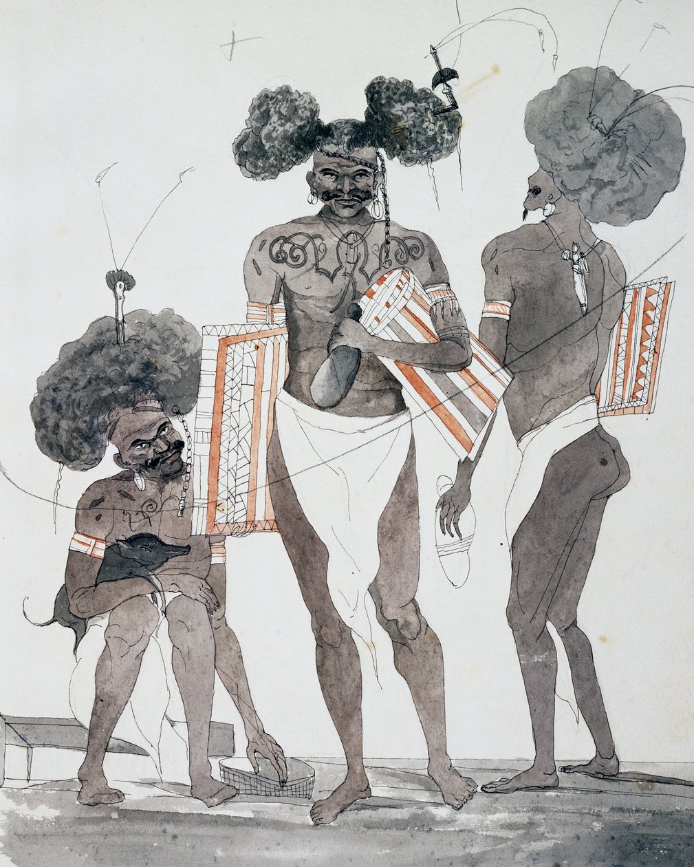 Port Dorin asukkaat, Jules-Louis Lejeunen akvarelli, pohjautuu matkaan maailman ympäri tekijältä French School