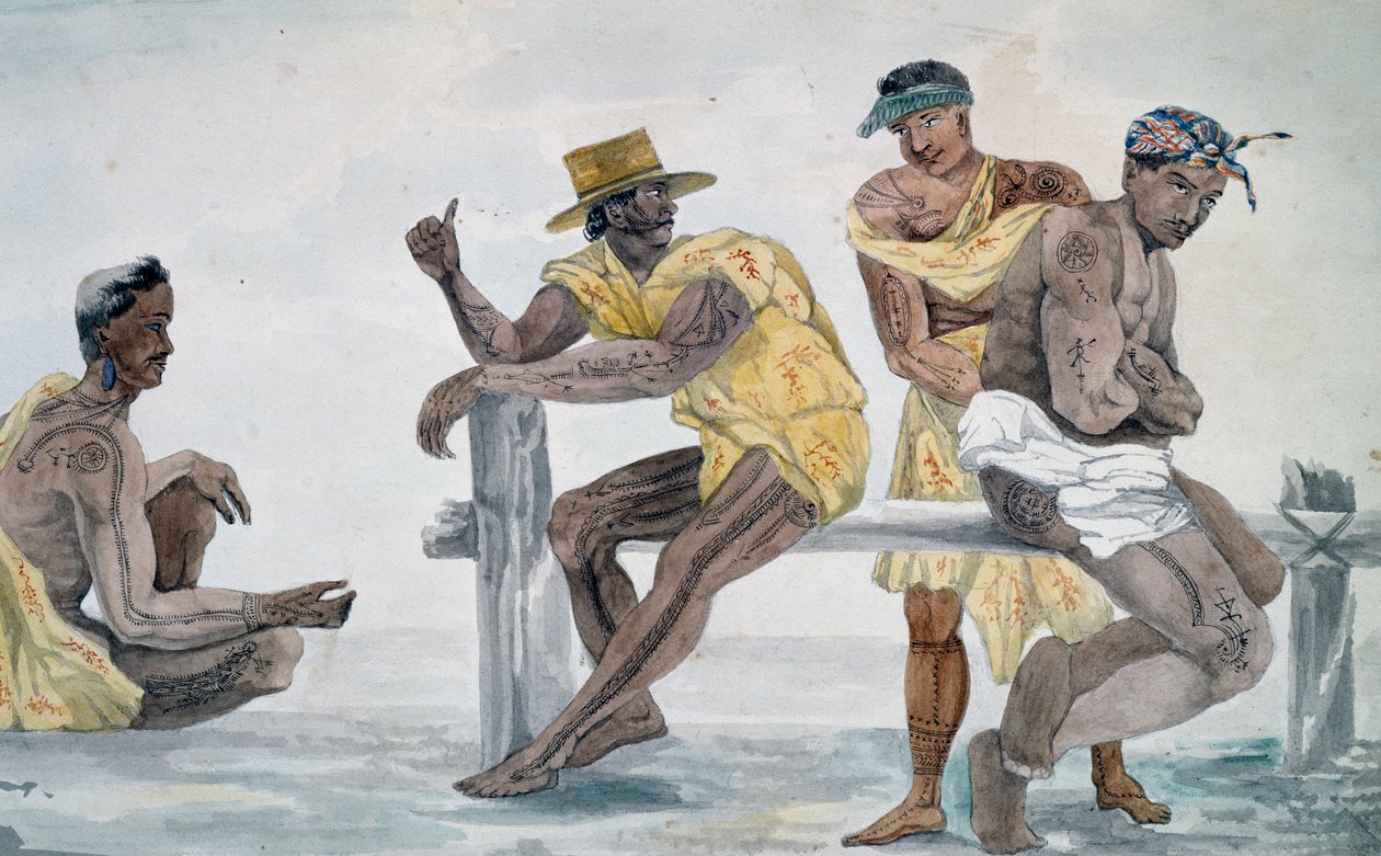 Tahitin asukkaat, Society Islands, Jules-Louis Lejeunen akvarelli, pohjautuu matkaan maailman ympäri tekijältä French School