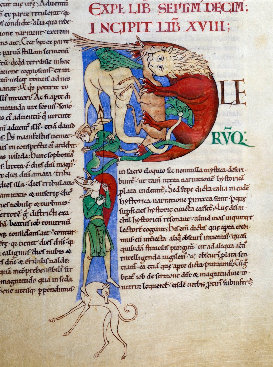 Initial P (lettrine): hiivapiru helvetin suussa. Miniatyyri Saint Gregoiren käsikirjoituksesta "Moralia in Job", Morales sur Job, Citeaux