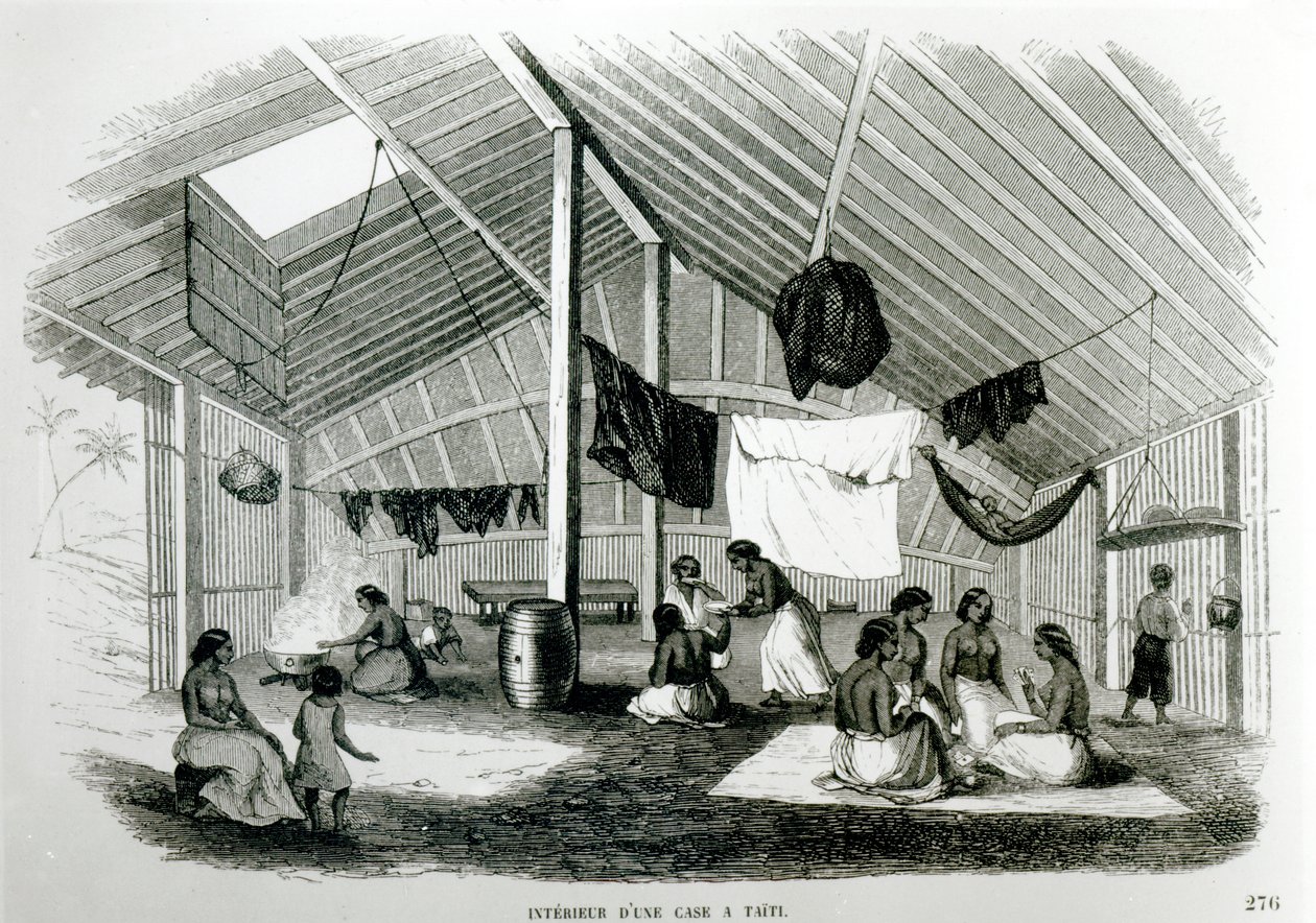 Tahitilaisen majan sisällä, teoksesta Voyages dans Les Deux Oceans, Eugene Delessert, 1848 tekijältä French School