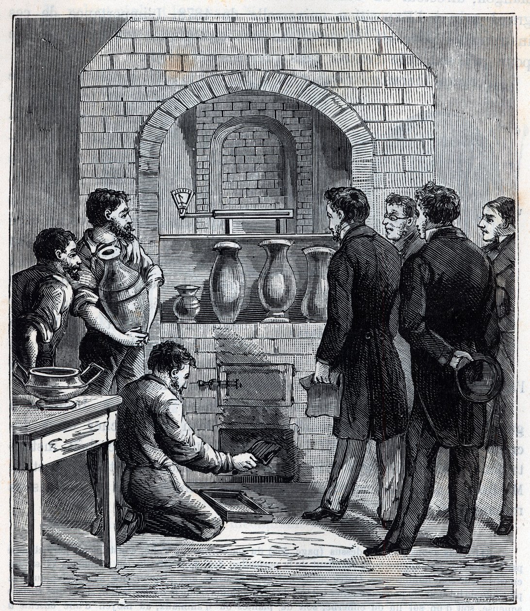 Pyrometrin asennus Alexandre Brongniart (1770 -1847), ranskalainen tiedemies Sevresin valmistuksessa - Kaiverrus Alexis Clercin teokseen "Sciences mise à la gratete de tous - physics et chimie populaire" - 1800-luvun loppu. Yksityinen kokoelma. tekijältä French School