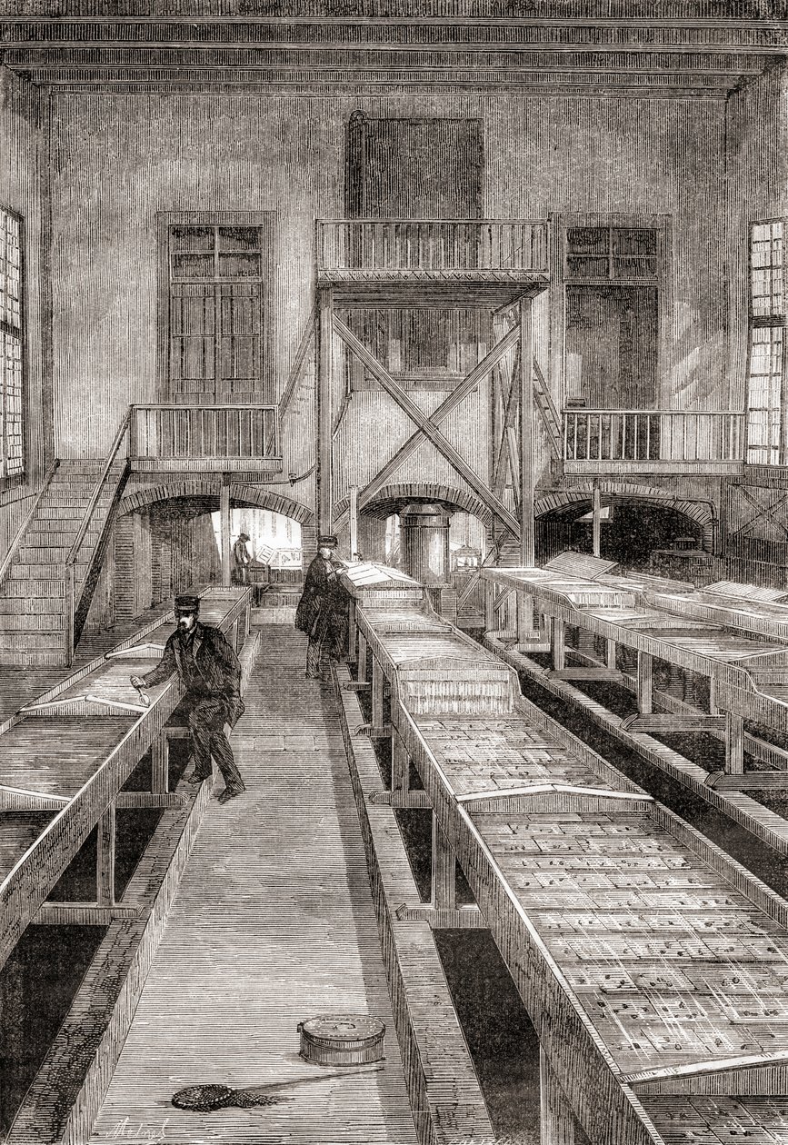 1800-luvun kalanviljelylaitoksen sisustus Huninguessa Ranskassa, Les Merveilles de la Science, julkaistu n. 1870 (kaiverrus) tekijältä French School