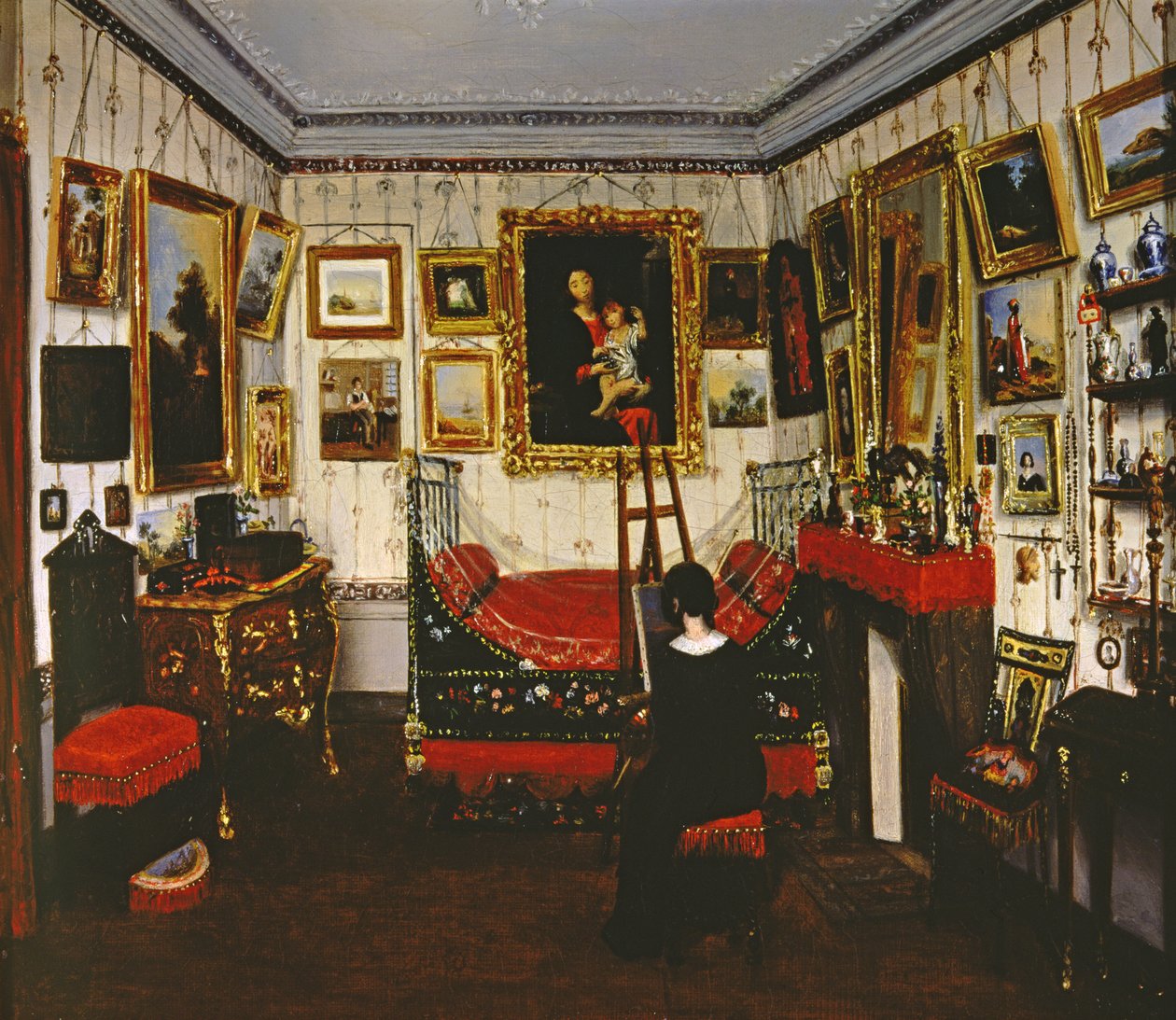 Huoneen sisustus, jossa on nainen maalaus, 1850 tekijältä French School