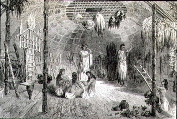 Intiaanimajan sisätilat 1860-luvulla (kaiverrus). tekijältä French School