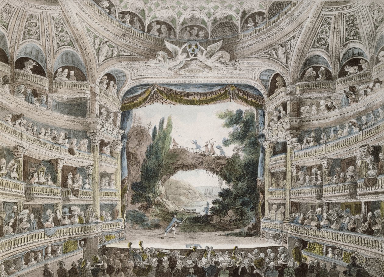 Comedie Francaise -teatterin sisustus vuonna 1791 alkuperäisen akvarellin jälkeen tekijältä French School
