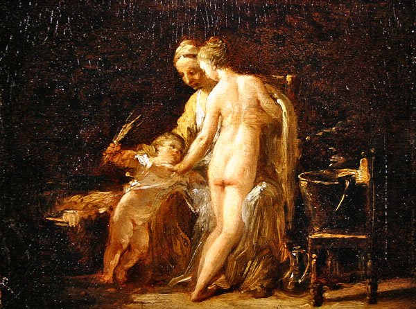 Sisätila, jossa nainen kylvyssä, noin 1800 (öljy paneelille( tekijältä French School