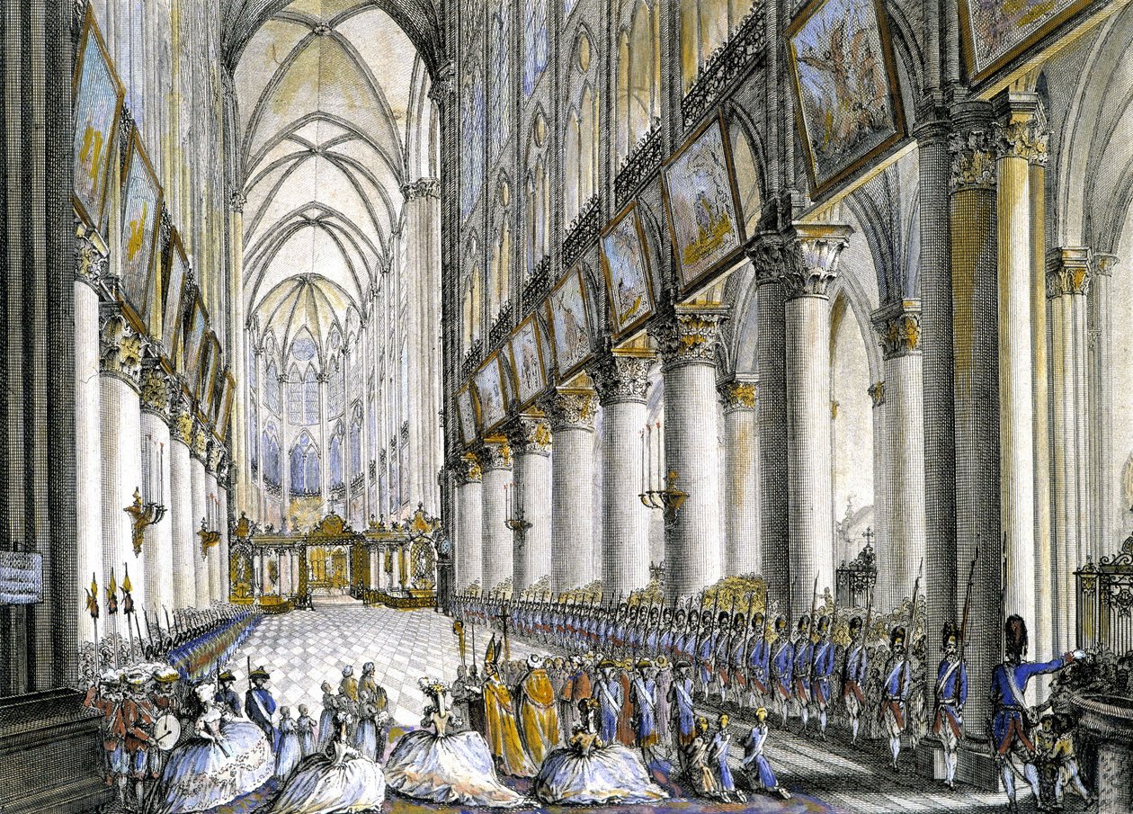 Sisäkuva Notre-Dame de Parisista, kun Ranskan kuningatar Marie Antoinette (1755-1793) saapui kuuluisaan poikansa, tulevan Ludvig XVII:n (1785-1795) syntymän messuun. Kaiverrus 1700-luvulta. tekijältä French School