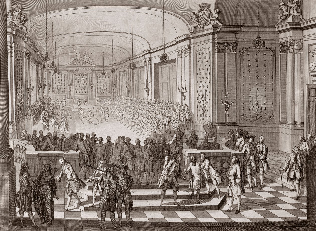 Sisäkuva Jacobins Hallista Nantesissa Bretagnen yhdysvaltojen hallinnan aikana vuonna 1764. tekijältä French School