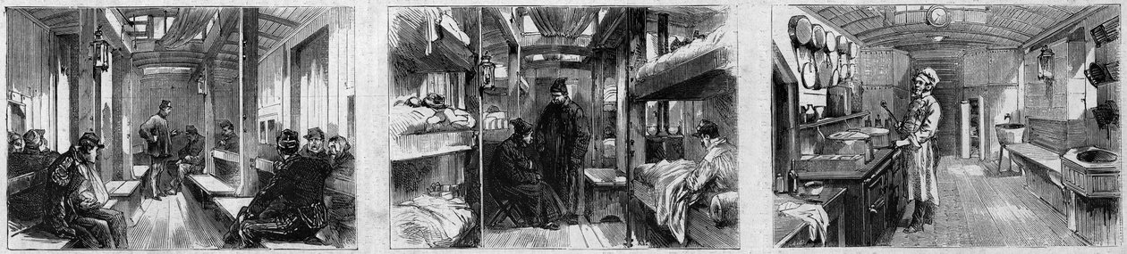 Sisäkuva ranskalaisen Societe de secours aux wesses militairesin lääketieteellisen junan ambulanssivaunusta ja keittiövaunusta. Kaiverrus "" Le Monde Illustré" -julkaisussa nro 846, 28. kesäkuuta 1873. tekijältä French School