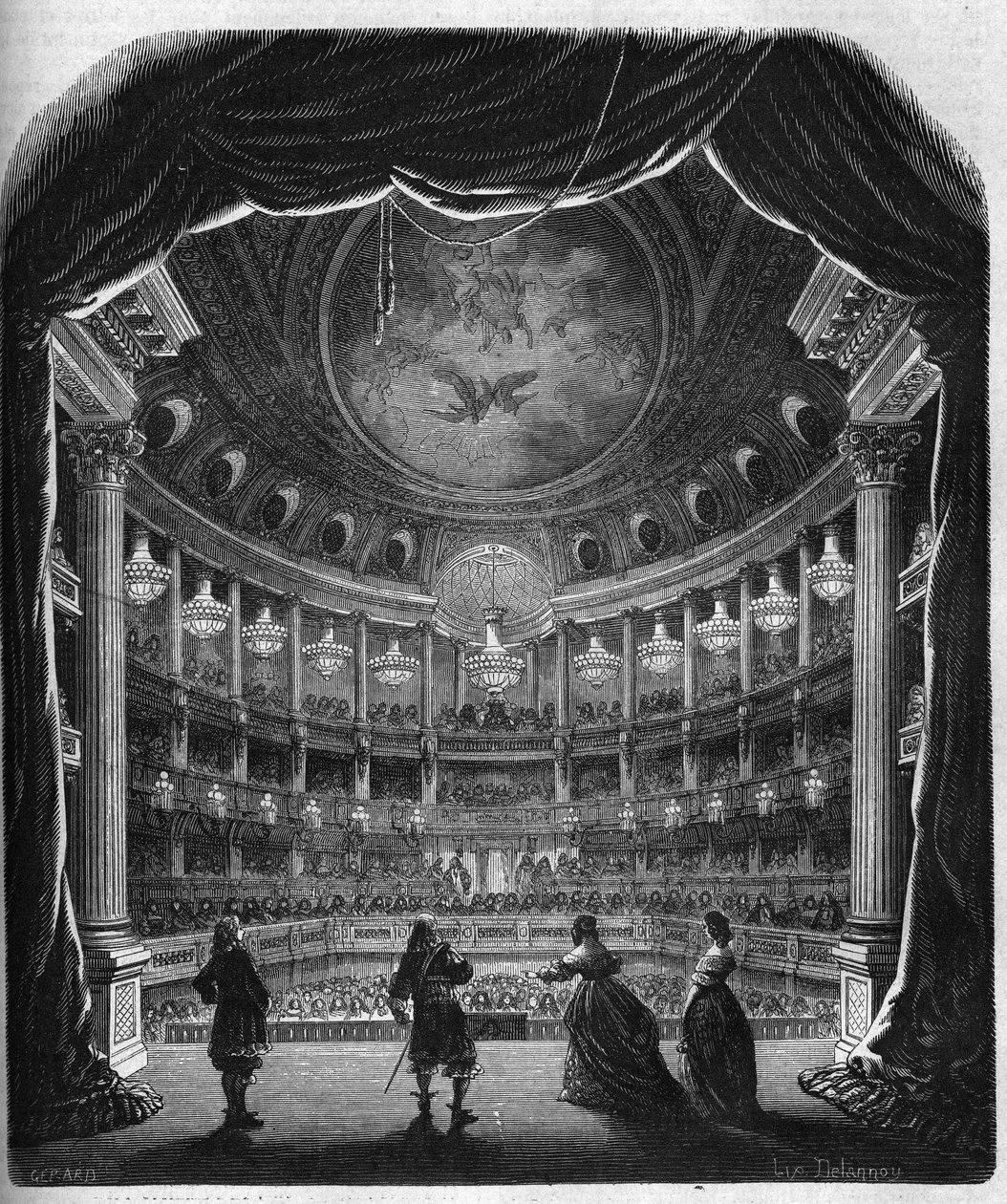 Sisäkuva Versaillesin linnan teatterista. Kaiverrus vuosilta 1867-1868. tekijältä French School