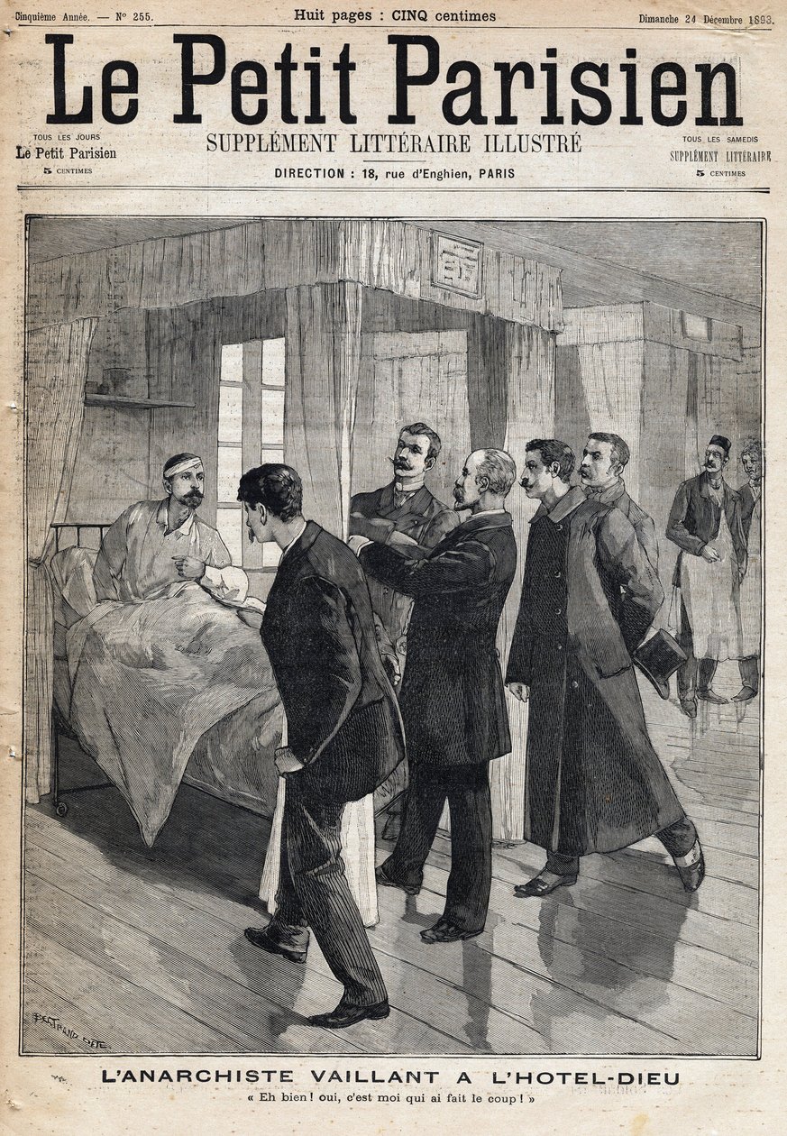Anarkisti Auguste Vaillantin (1861-1894) kuulustelu Hotel dieussa, joka tunnustaa hyökkäyksen, jonka hän teki 9. joulukuuta tekijältä French School