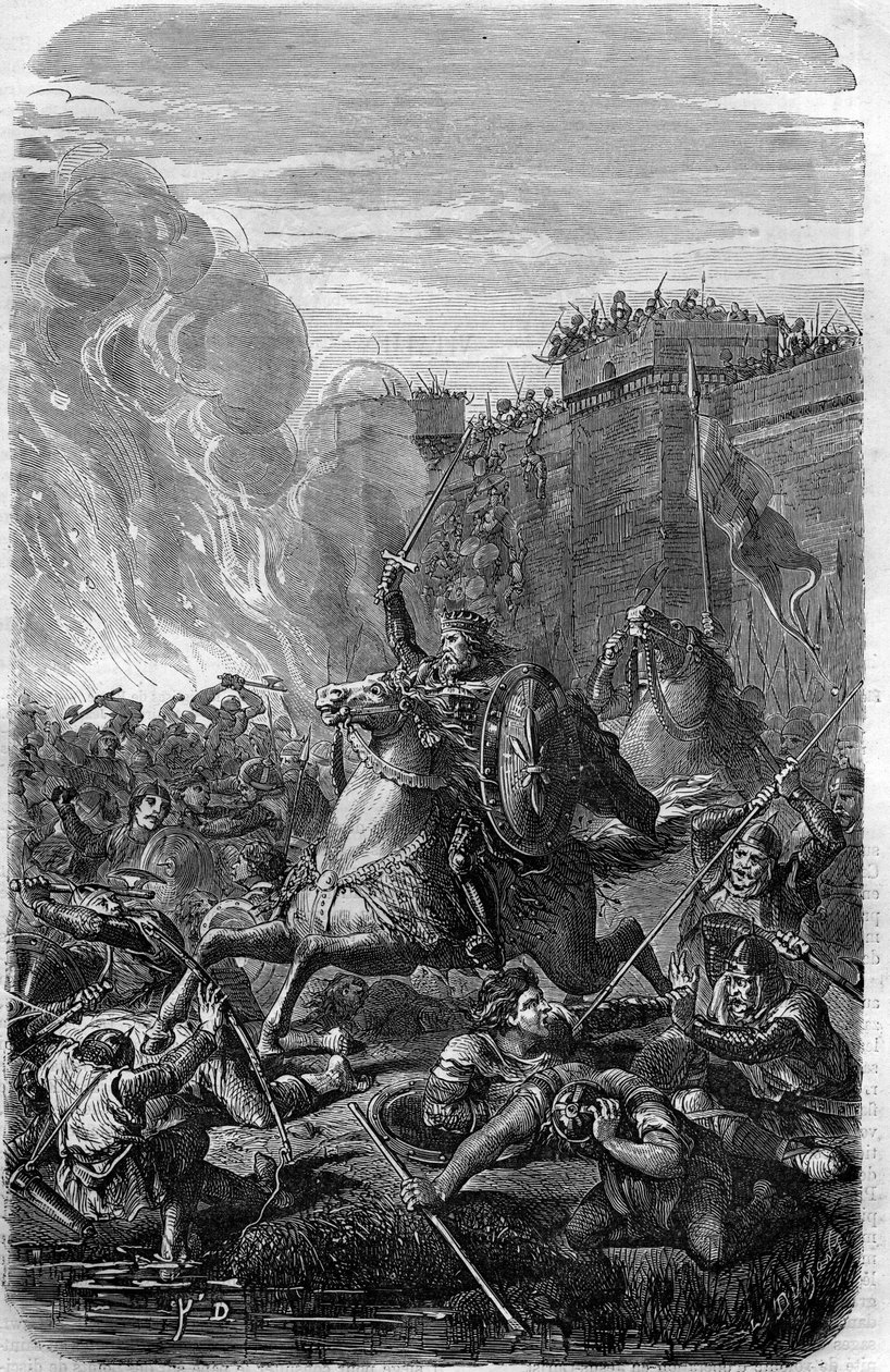 Visigoottien kuninkaan Alarik I:n hyökkäys ja ryöstely Roomaan vuonna 410. Maurice Lachatren kaiverrus "Histoire des Papes-Rois-Queen and Empereurs a travers les centuries" tekijältä French School