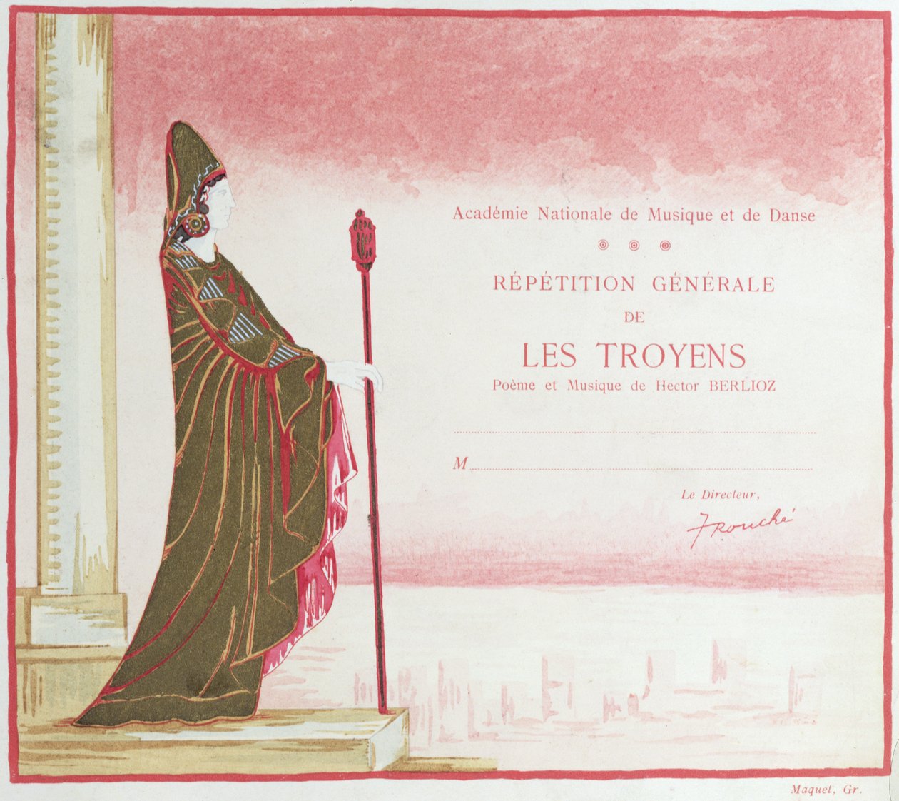 Kutsu Les Troyensin (Troijalaiset) esitykseen, jonka on säveltänyt Hector Berlioz (1803-69) Opera de Parisissa, 1921 tekijältä French School