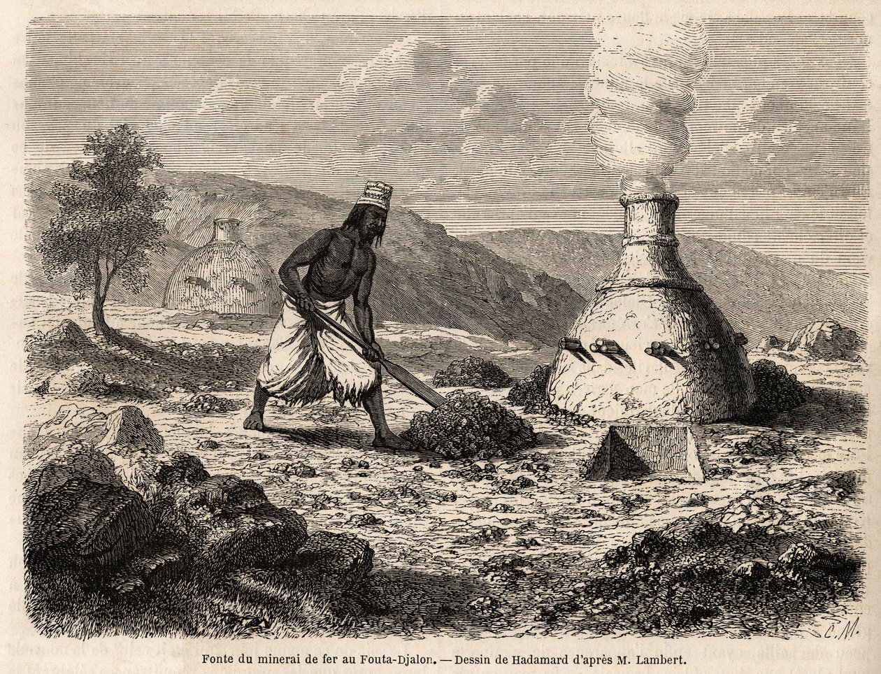 Rautamalmin sulatus Fouta Djalonissa Senegalissa, Hadamardin piirros, joka kuvaa luutnantti Lambertin matkaa Fouta Djaloniin vuonna 1860. Kaiverrus lehdessä "Le tour du monde" 1861. Selvan kokoelma. tekijältä French School