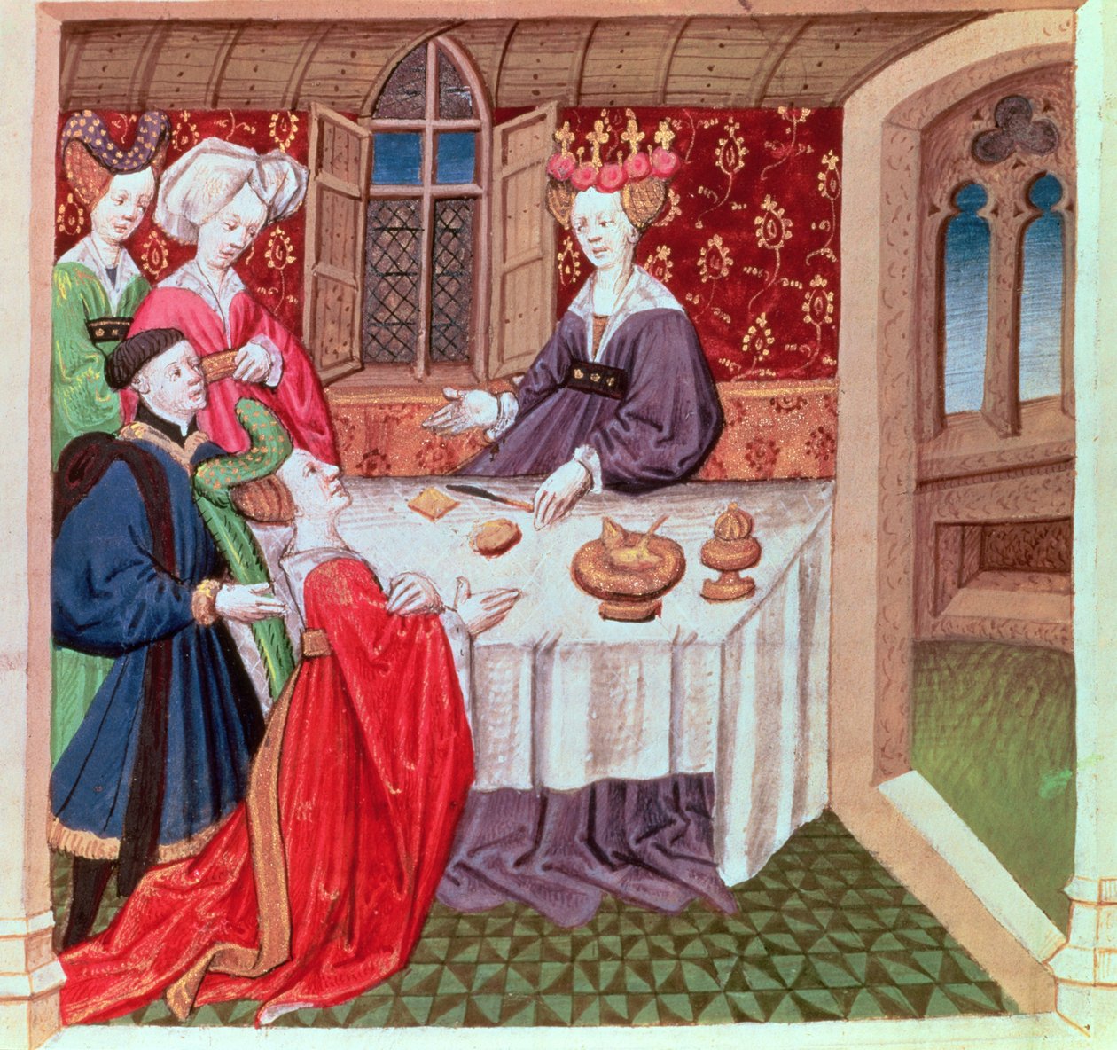 Isolde rukoilee kuningatar Guineveren suojelua, Roman du Chevalier Tristan tekijältä French School