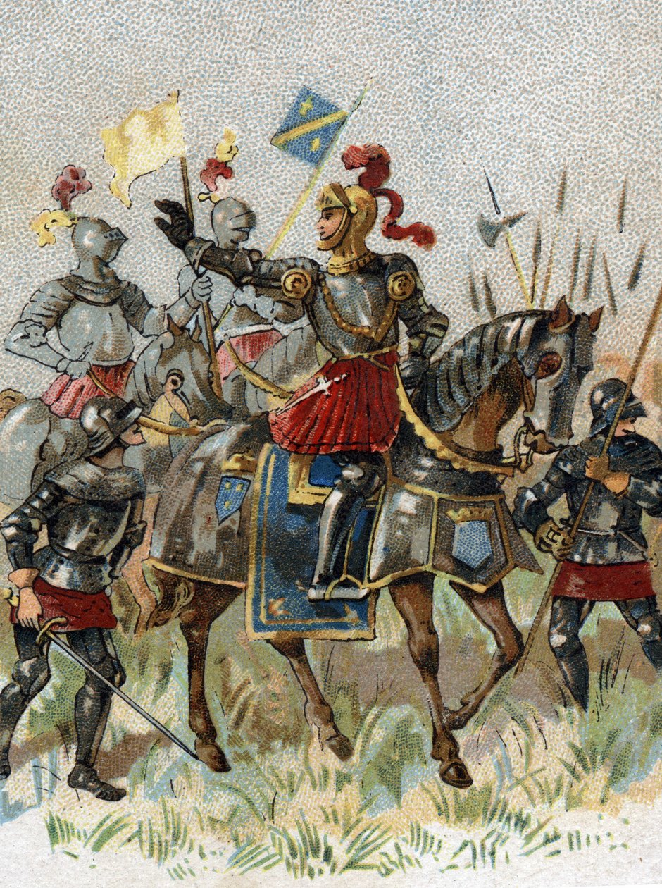 Italian sodat: Ludvig XII (1462-1515), Ranskan kuningas, Agnadelin taistelussa (Milano) Italiassa 14. toukokuuta 1509. Kromolitografia. tekijältä French School