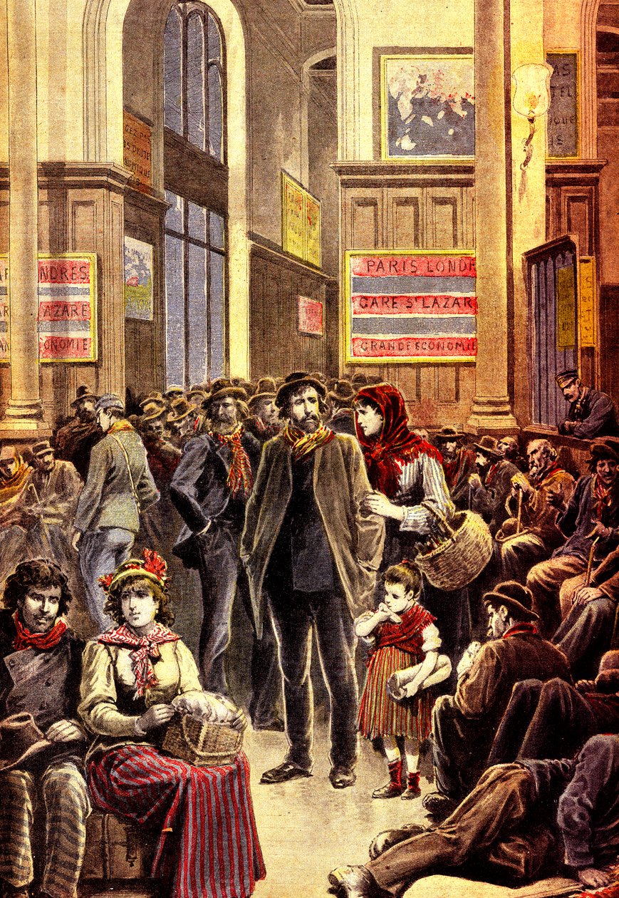 Italialaiset emigrantit Pariisissa Gare Saint Lazaren rautatieasemalla maaliskuussa 1896 (kaiverrus) tekijältä French School