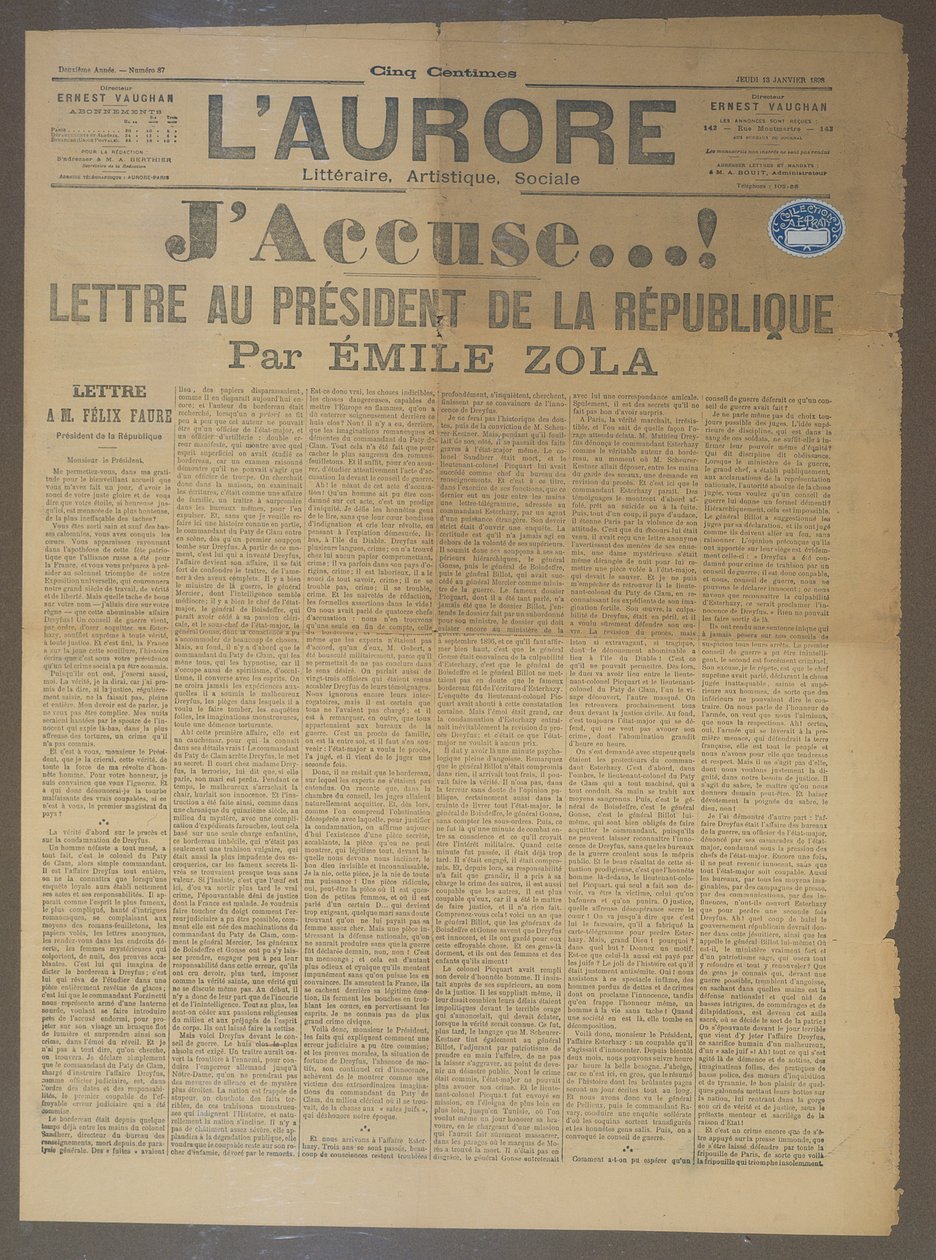 Emile Zolan (1840-1902) JA-syytöskirje, julkaistu LAuroressa, 13. tammikuuta 1898 (painettu) tekijältä French School