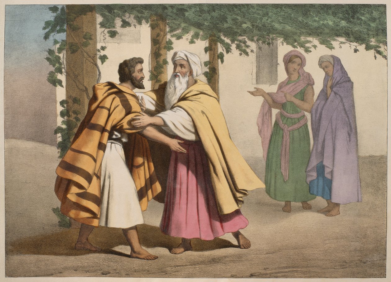 Jaakob Labanin ja hänen tyttäriensä kanssa, kuvitus katekismuksesta LHistoire Sainte, julkaisija Charles Delagrave, Pariisi, 1800-luvun loppu tekijältä French School
