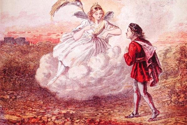 Jacques ja keiju, kuvitus tarinaan "Jacques et ses Trois Voyages", n. 1860 (värikaiverrus) tekijältä French School