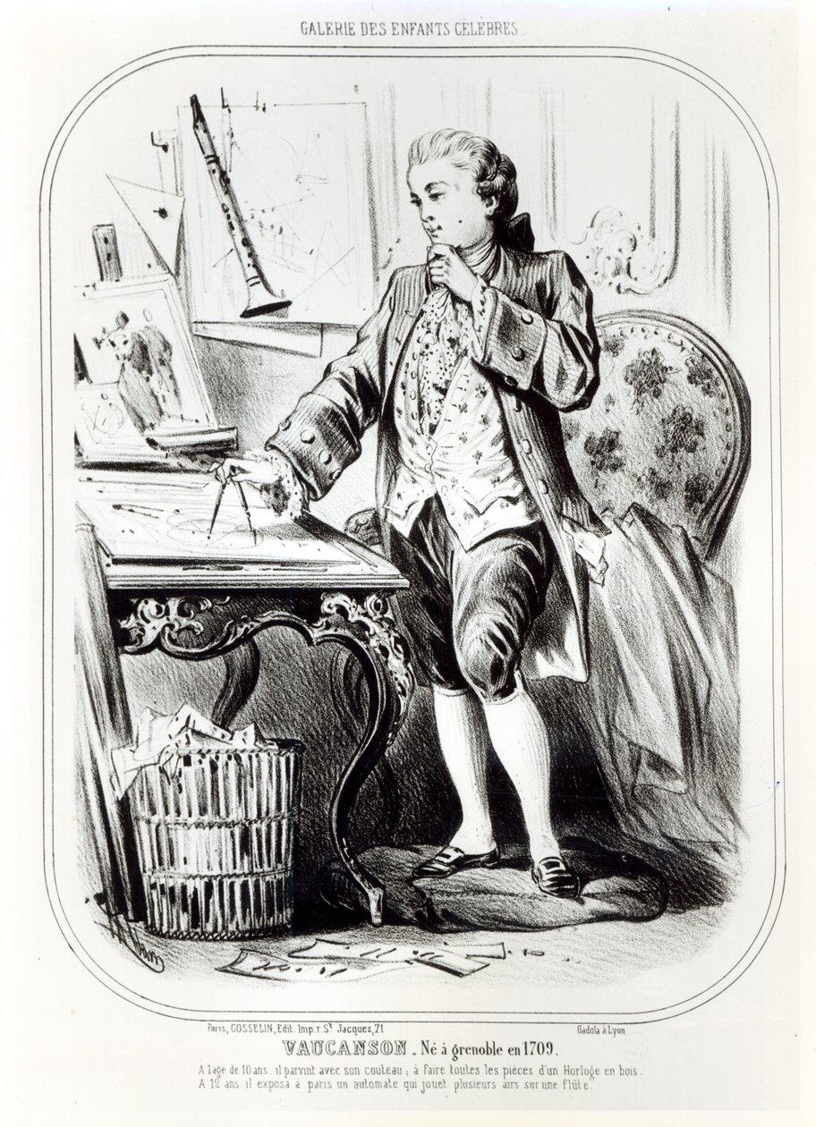 Jacques de Vaucanson lapsena, kuvitus Galerie des Enfants Celebresistä, n. 1850 tekijältä French School